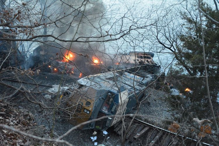 CSX freight train derails after hitting a rock slide in West Virginia, USA