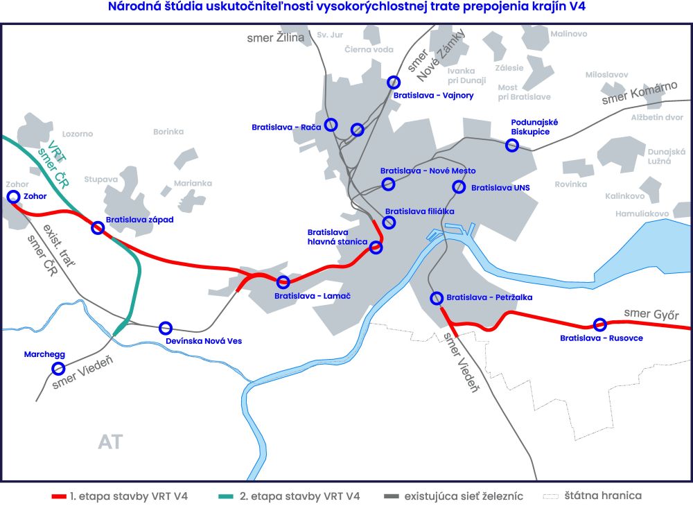1st (red), 2nd (green) stage of high-speed rail and existing railway lines in grey © ŽSR