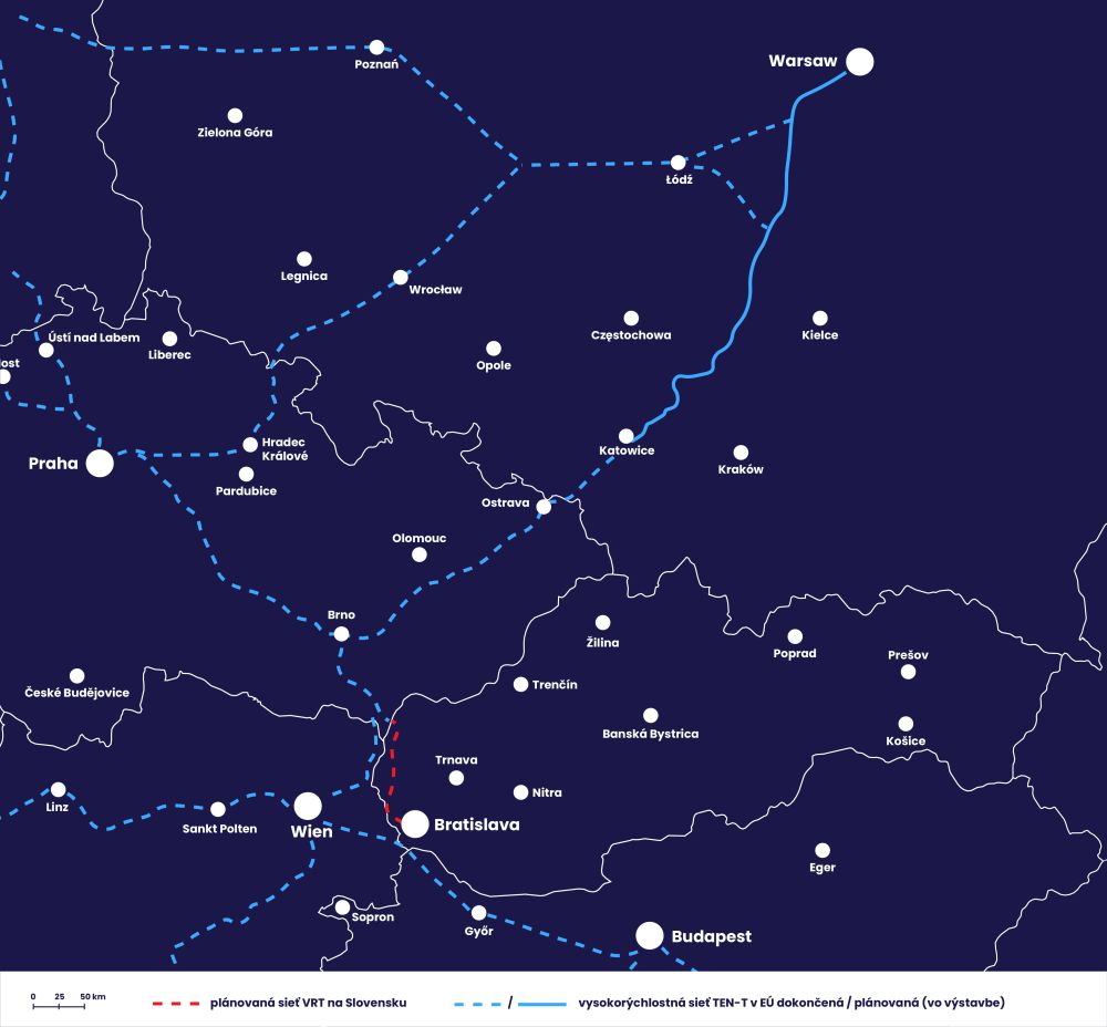 Red dots are the plans for V4 high speed rail connectivity in Slovakia&nbsp;© ŽSR